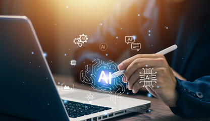 Businessman using stylus with artificial intelligence icons, representing AI technology, machine learning, automation, data processing, and smart digital innovation for modern business solutions.