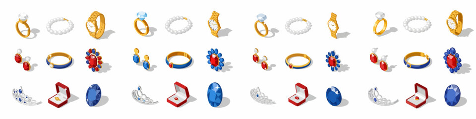 Isometric set of luxury jewelry and gemstones, including diamond rings, pearl bracelets, gold watches, tiaras, and precious stones, isolated on white background. © Asep