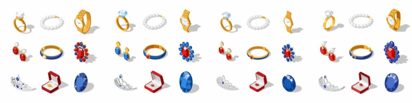 Isometric set of luxury jewelry and gemstones, including diamond rings, pearl bracelets, gold watches, tiaras, and precious stones, isolated on white background.