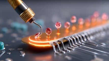 Close-up macro soldering iron melting red solder on electronic circuit board for physics experiment