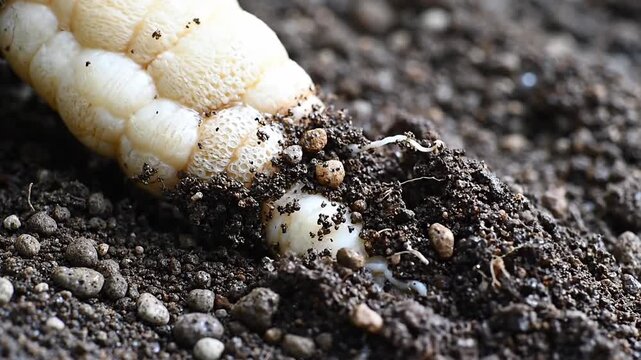 Close-up of white grub larva eating soil, outdoors, with ground disturbance in background, possibly for agriculture or pest control use