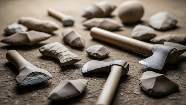 Ancient stone tools scattered on ground illustrating early human craftsmanship