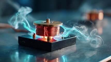 Faraday induction coil experiment with electric sparks on black lab table in science physics study