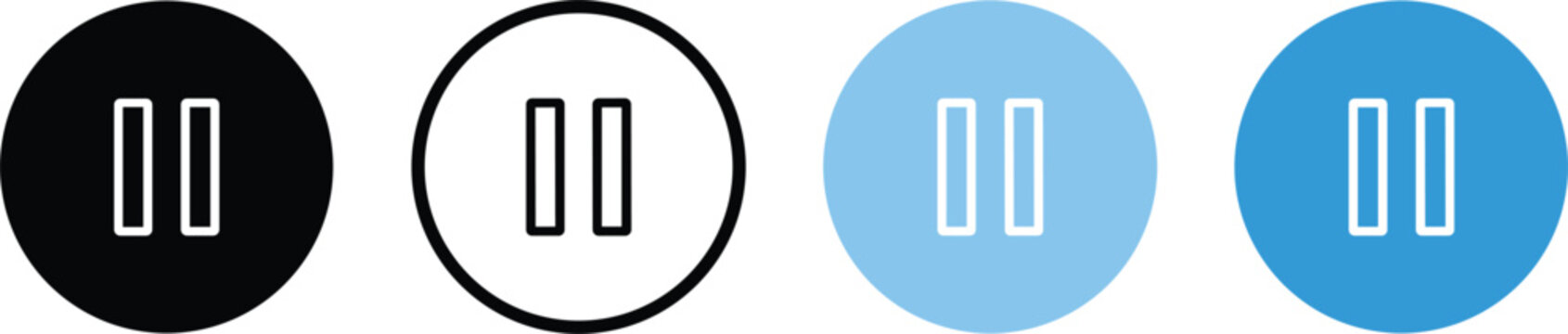 Versatile circular pause icon set featuring solid black, minimalist line-art, and two shades of blue for multimedia player user interface design.