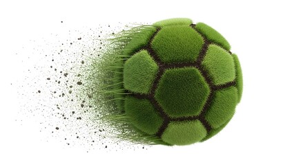 Eco Friendly Soccer Ball Made of Living Green Grass Disintegrating into Dust Particles on White