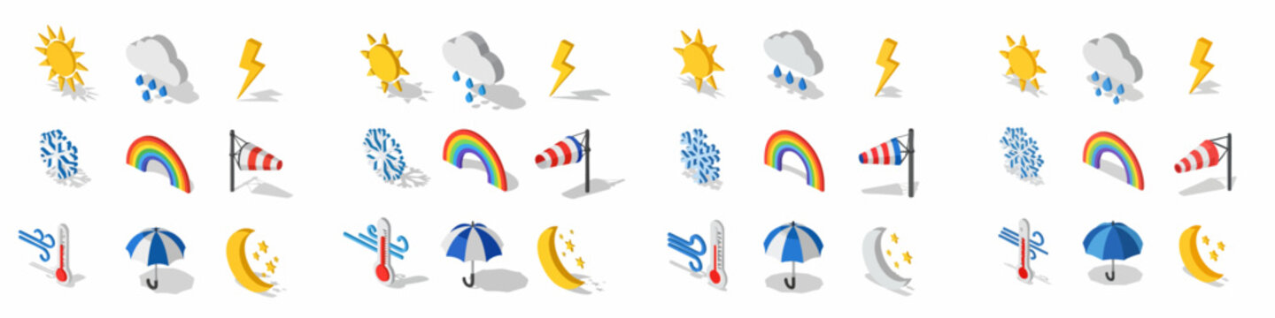 3D Isometric Weather Icons Set: Sun, Rain, Storm, Snow, Rainbow, Wind, Temperature, Umbrella, and Night Conditions Collection.