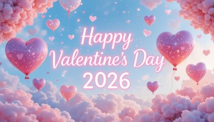 Pink heart balloons floating in pastel clouds Happy Valentines Day 2026