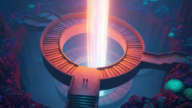 Aerial View of Circular Terraced Structure with Glowing Light Column
