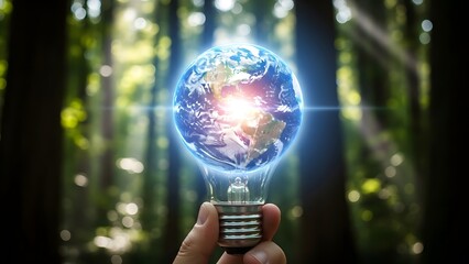 Earth day concept hand holding light bulb with glowing earth in forest