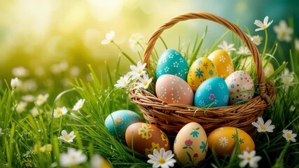 Basket of colorful Easter eggs rests among fresh spring grass and wild daisies under warm sunlight. Soft bokeh background and natural textures evoke a cheerful springtime celebration and seasonal mood - Powered by Adobe