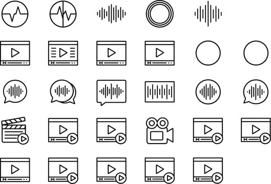 Comprehensive collection of minimalist line-art icons for multimedia playback, audio waveforms, video editing, and recording interface vector design.