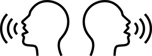 Minimalist line-art icon set featuring two human profile silhouettes with radiating sound waves representing speech, conversation, and vocal communication vector design.