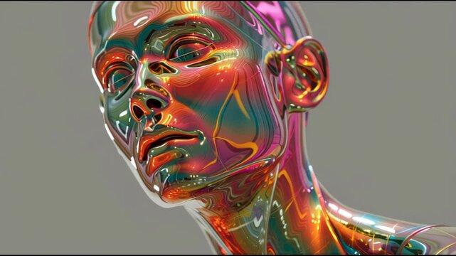 Futuristic Surrealistic Iridescent Chromatic Metallic Sculpture of Human with Dynamic Colorful Reflections and Smooth Surface Texture