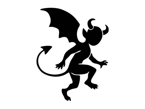 Devil Silhouette with Wings and Tail &ndash; Demon Icon for Halloween and Logo Design. Flat vector-style demon icon ideal for Halloween graphics, tattoo designs, logos, and spooky fantasy illustrations.
