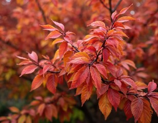 Close up photo of fiery red leaves on branches. Fall season colorful plants at the garden. Autumn vibrant foliage is at the park. Beautiful tree with bright red leaves.