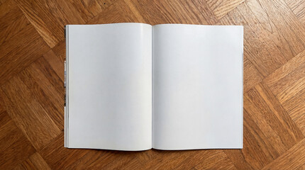 Open glossy magazine with blank white pages lying on a wooden floor. Clean paper mockup ideal for editorial design, branding, layout presentation, and print advertising.