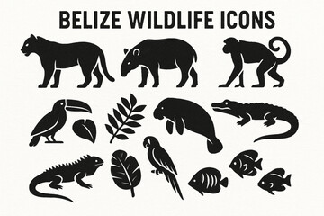 Fototapeta premium Belize wildlife vector silhouettes with distressed torn texture on white background