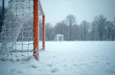 Orange soccer goal net covered in snow on empty field. Winter snowfall covers sports arena. Another goal visible in distance. Cold weather season.