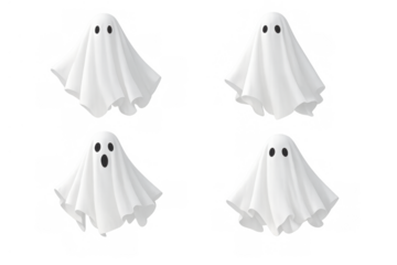 Four flying ghosts creating halloween spooky atmosphere, white sheet spirits with various expressions on transparent background