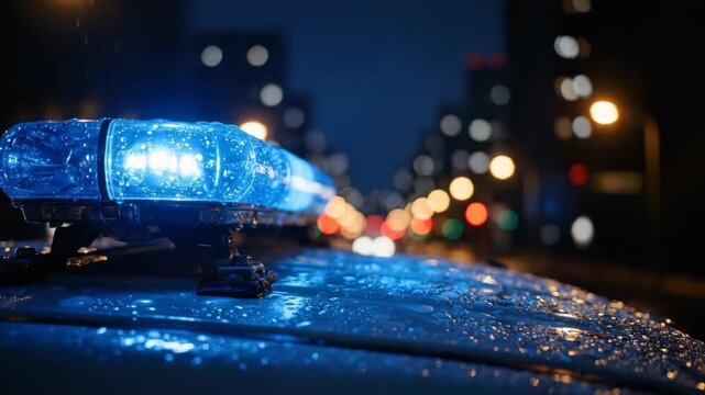 Close-up of illuminated blue police emergency light bar on wet car roof at night city street, concept for law enforcement news, crime investigation reports and public safety campaigns