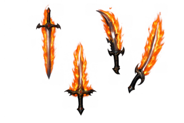Fantasy flaming swords and daggers, an arsenal of glowing magical game weaponry with burning blades