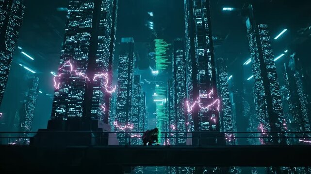 Person runs across futuristic bridge in cyberpunk city with neon buildings. Figure crosses platform amid skyscrapers. Person on bridge in city. Cyberpunk runner crosses futuristic urban platform.