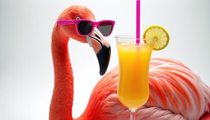 Obraz premium Cool flamingo wearing sunglasses and holding a tropical drink. Pink bird enjoys summer refreshment with citrus slice and straw. Fun vacation vibe, party time, sunny day.