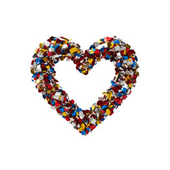Heart shape made with red yellow and silver confetti