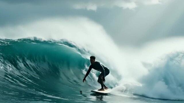 Surfer rides inside barrel wave with turquoise ocean water. Man surfing in tube wave under cloudy sky. Surfer navigates barrel on surfboard in ocean. Dramatic wave with surfer riding tube curl.