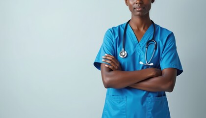Black female healthcare pro in blue scrubs stands with stethoscope and arms crossed. She represents medical staff, a nurse, or a doctor. Her uniform implies care and expertise in a clinical setting.
