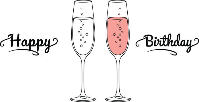 Happy birthday champagne glasses celebration greeting card continuous line art vector illustration