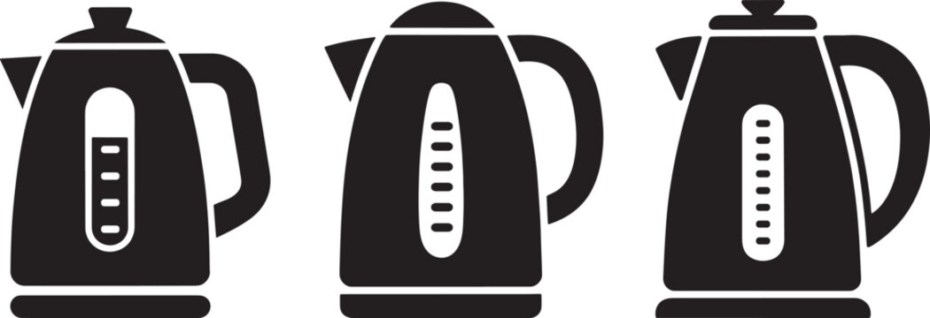 Electric Kettle Silhouette Icons, Kitchen Appliance and Boiling Water Illustration
