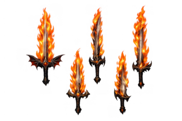 Collection of flaming fantasy swords for game design, illustrating magic, power, and mythical weaponry on a transparent background