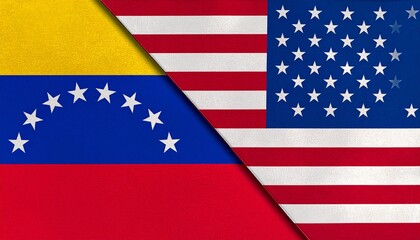 Fototapeta premium Split design of Venezuela and U.S. flags meeting diagonally, symbolizing diplomatic contrast and connection.