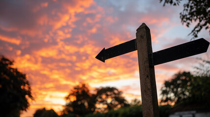 The silhouette of a wooden signpost against the backdrop of a fiery sunset sky is a directional symbol with vibrant colors and a natural landscape background for travel or decision-making.