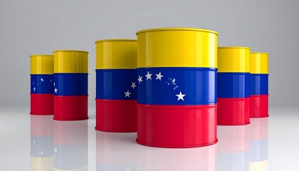 Oil barrels painted with Venezuela’s flag, symbolizing national petroleum identity and global energy relevance.
