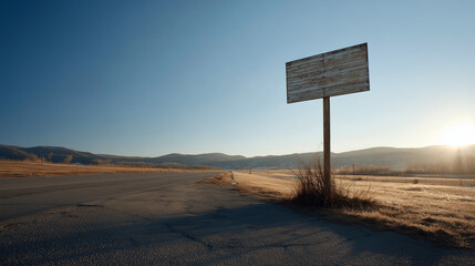 An empty wooden signpost standing alone on a deserted road during the golden hour.