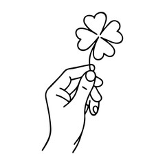 D&iacute;a de San Patricio. Dibujo sencillo con l&iacute;neas de mano sujetando un tr&eacute;bol de 4 hojas