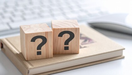 Wooden blocks with question marks on a book, symbolizing inquiry in a digital workspace.