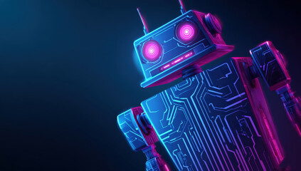 Futuristic retro style toy robot with glowing pink neon eyes and blue circuit board patterns on its metallic body standing against a dark background representing artificial intelligence and robotics