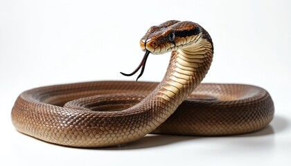 Coiled cobra extends for attack on white background. Venomous snake raises head with tongue. King cobra features brown patterns, scales. Reptile presents danger, poison. Serpent isolated for science,