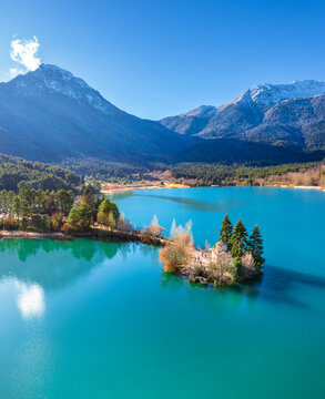 Aerial view of Lake Doxa with Agios (saint) Fanourios chapel in Peloponnese, Greece
