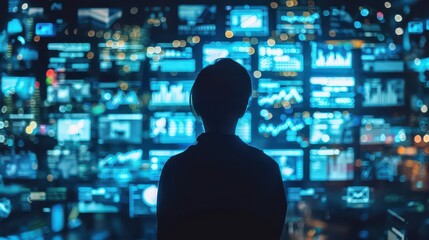Businessman analyzing data on multiple screens in modern office