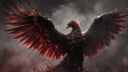 Majestic Phoenix Rising from Ashes with Fiery Wings and Dark Feathers.