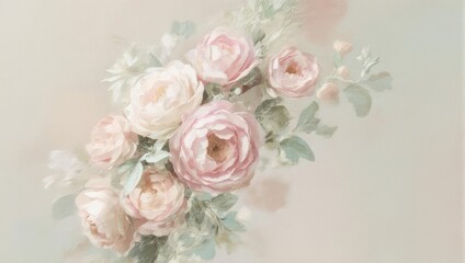 Soft Pastel Pink and White Roses with Green Leaves on a Light Background.