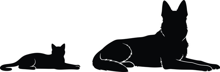 Silhouettes of domestic cat and dog lying down in relaxed poses, animal posture comparison vector for pet design and illustration © Moury Creatives