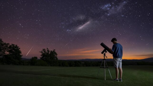 A teenager noting meteor showers during a backyard astronomy session  