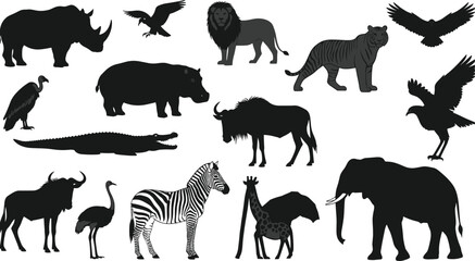 African wildlife animal silhouettes set including elephant giraffe lion rhino and birds isolated on white background for safari nature park design, © Samina