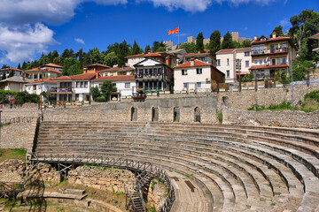 Ancient amphitheater in the old town of Ohrid and Samuel's Fortress  in North Macedonia