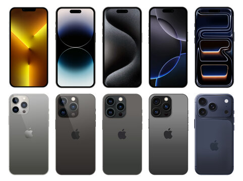 Set of dark Apple iPhone smartphones from iPhone 13 Pro to iPhone 17 Pro, modern mobile devices collection isolated on transparent background, realistic vector illustration